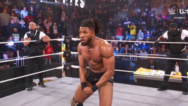 Carmelo Hayes disguised as a security guard to trap Trick Williams during an episode of WWE NXT.